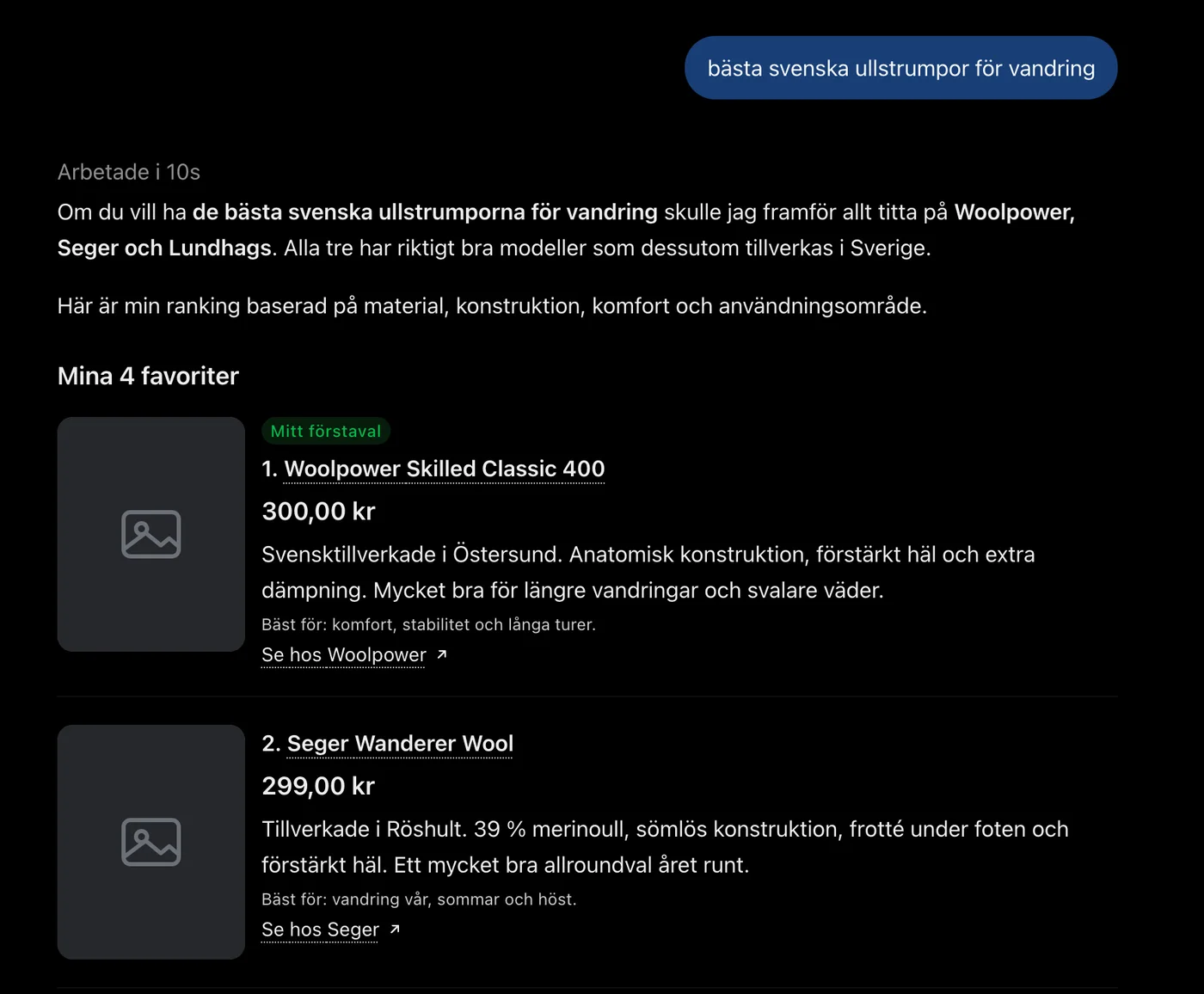 ChatGPT:s svar på frågan bästa svenska ullstrumpor för vandring. Två strumpor listas med pris, tillverkningsort, material och konstruktion.